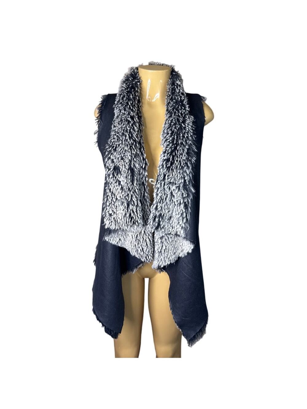 Dolce Cabo Open Front Waterfall Vest Faux Fur Black Brown SZ Small